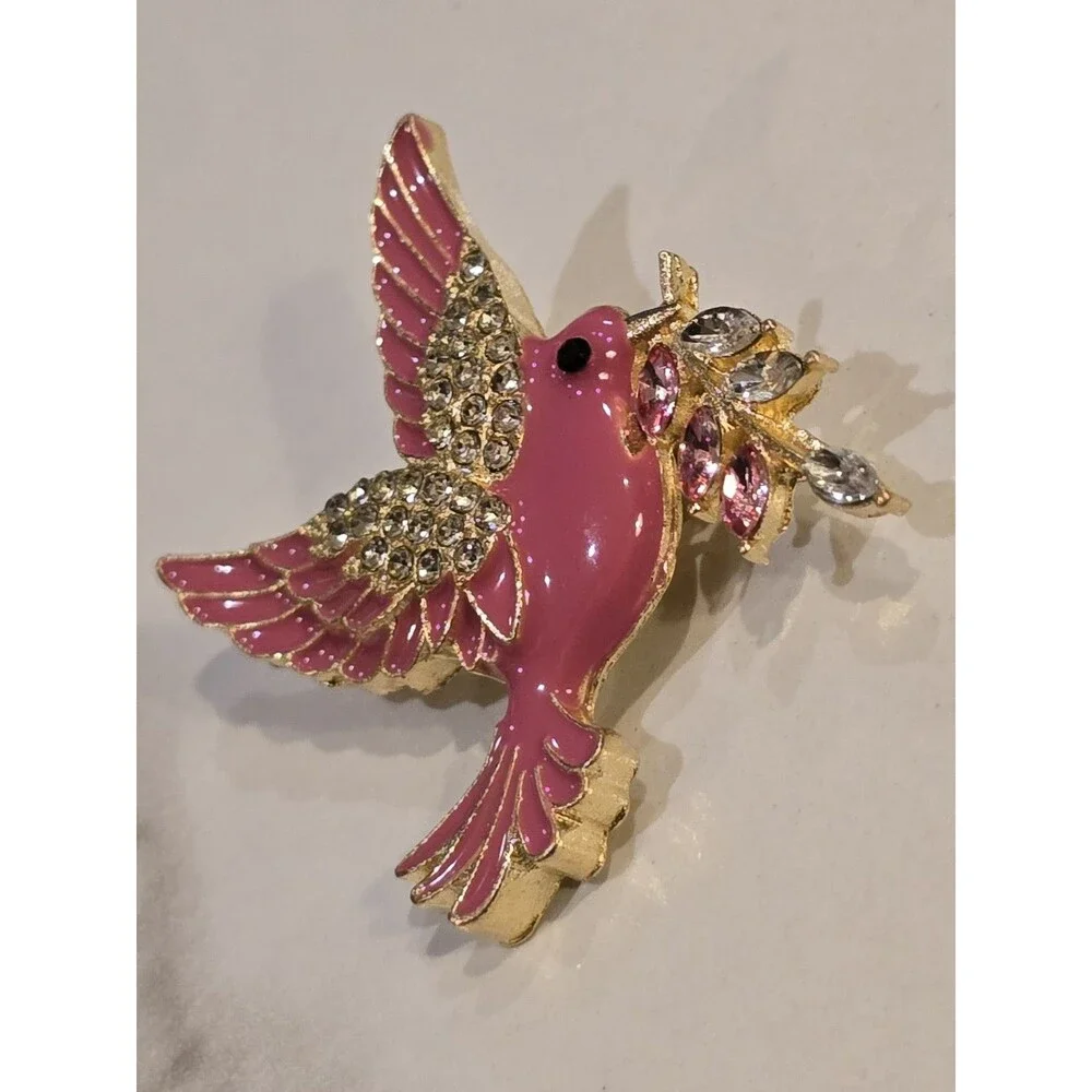 Pink Enamel Bird Brooch Rhinestone Flower Branch Gold Tone Dove Songbird Pin